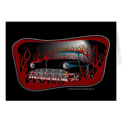 Black Two Tone 54 Chevy Hot Rod in Flames Card by vulture_kulture