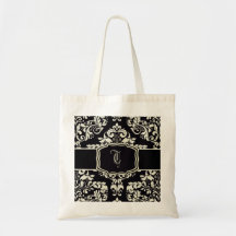 Black & Vanilla Cream Damask Tote Bags