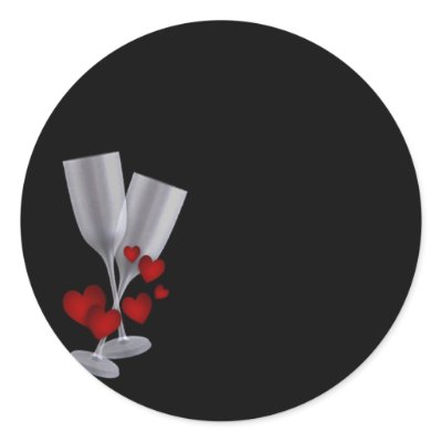 Black w/Champagne Glasses Red Hearts Round Sticker by mrssocolov2