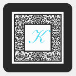 Black, White, and Blue Damask Monogram Sticker