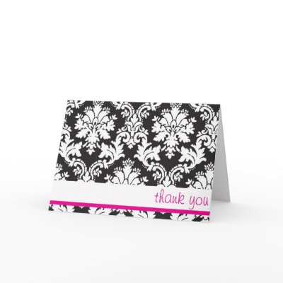 black white and hot pink damask thank you card by somegirl