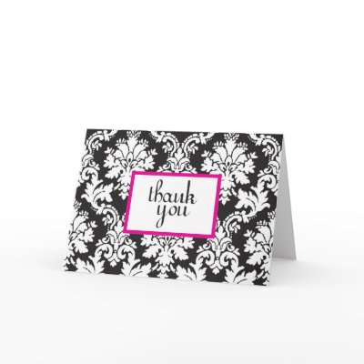black white and hot pink damask thank you card 2 by somegirl