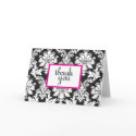 black white and hot pink damask thank you card 2