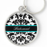 Black white & aqua Damask Bridesmaid Keychain