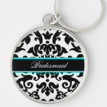 Black white & aqua Damask Bridesmaid Keychain