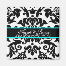 black white & aqua Damask wedding set Magnet