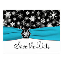 Black, White, Aqua Snowflakes Save the Date Card Post Card