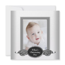 Black White Baby Boy Photo Christening Custom Invitation