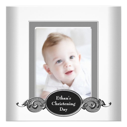 Black White Baby Boy Photo Christening Custom Invitation