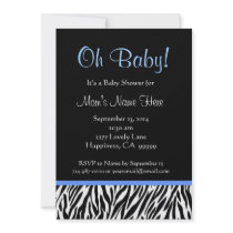 Black White Blue Zebra Print Baby Shower Custom Invitations
