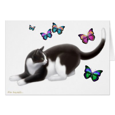 Black & White Cat with Butterflies Card by twopurringcats