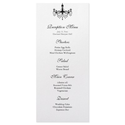 Black & White Chandelier Reception Menu by InspiredWeddings