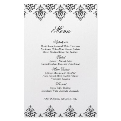 Black White Damask Arabesque Wedding Menu Card by wasootch
