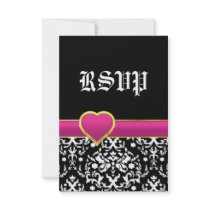 Black white damask hot pink heart wedding RSVP