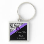 Black & White Damask Lavender Sparkle Heart Keychains