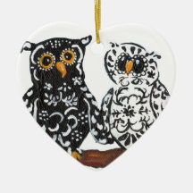 Black & White Damask Owls Ornament