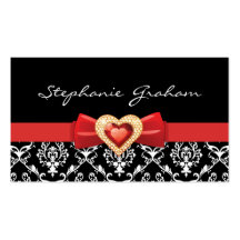 Black white damask pattern with red bow and jewel business card