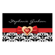 Black white damask pattern with red bow and jewel business card template