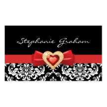 Black white damask pattern with red bow and jewel business card templates