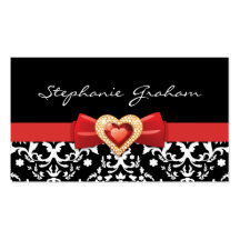 Black white damask pattern with red bow and jewel business card templates