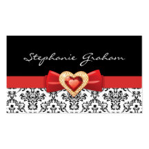 Black white damask pattern with red bow and jewel business card