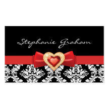 Black white damask pattern with red bow and jewel business card templates