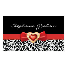 Black white damask pattern with red bow and jewel business card templates