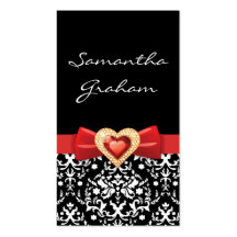Black white damask pattern with red bow and jewel business card templates