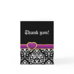 Black white damask purple heart wedding Thank You Card