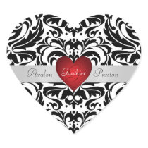 Black & White Damask Red Heart Wedding Sticker