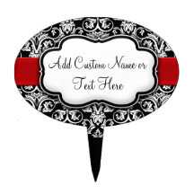 Black/White Damask Red Ribbon Cake Toppers