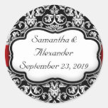 Black/White Damask Red Ribbon Envelope Seal/Favour Round Stickers