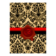 BLACK & WHITE DAMASK, RED WAX SEAL MONOGRAM GOLD ANNOUNCEMENTS