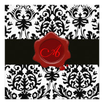 BLACK & WHITE DAMASK, RED WAX SEAL MONOGRAM Ice Personalised Announcement
