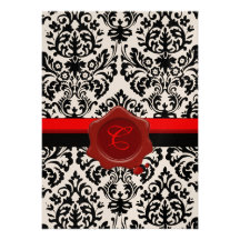 BLACK & WHITE DAMASK, RED WAX SEAL MONOGRAM PERSONALIZED INVITATIONS