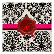BLACK & WHITE DAMASK, RED WAX SEAL MONOGRAM PERSONALIZED INVITE