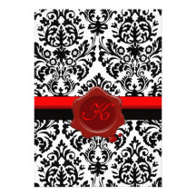 BLACK & WHITE DAMASK, RED WAX SEAL MONOGRAM PERSONALIZED INVITES