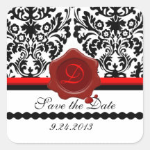 BLACK WHITE DAMASK RED WAX SEAL MONOGRAM SQUARE STICKERS