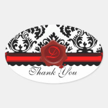 BLACK WHITE DAMASK RED WAX SEAL MONOGRAM OVAL STICKER