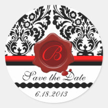BLACK WHITE DAMASK RED WAX SEAL MONOGRAM ROUND STICKER