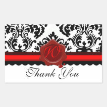 BLACK WHITE DAMASK RED WAX SEAL MONOGRAM RECTANGLE STICKERS