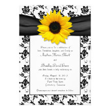Black White Damask Sunflower Wedding Invitation