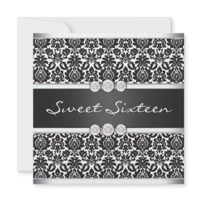 Black White Damask Sweet 16 Party Personalised Announcements by InvitationCentral