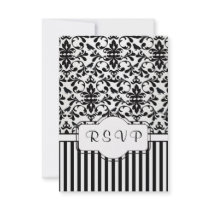 Black white Damask swirls, birds, stripes RSVP Custom Invite