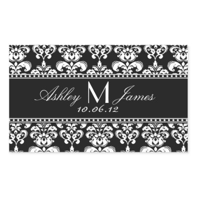Black White Damask Wedding Wine Label Rectangular Stickers by DamaskGallery