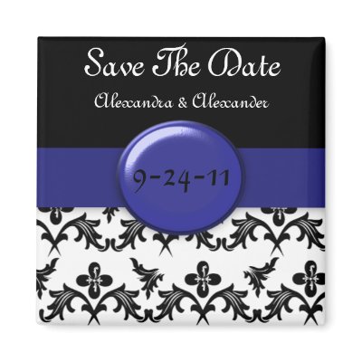 Black White Damask WIth Royal Blue Save The Date by csinvitations
