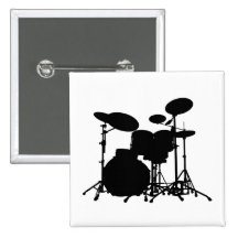 Black & White Drum Kit Silhouette - For Drummers Buttons
