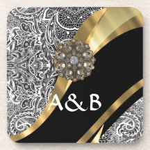 Black & white floral damask pattern beverage coaster