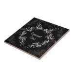 Black & White Floral Swirls+Optional Text Tile
