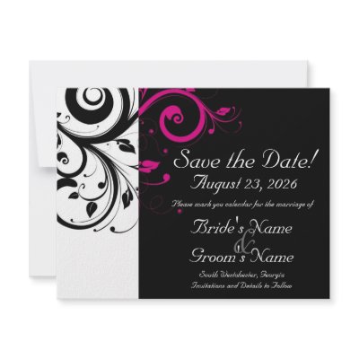 Black, White, Fuchsia Swirl Wedding Save the Date by CustomInvites